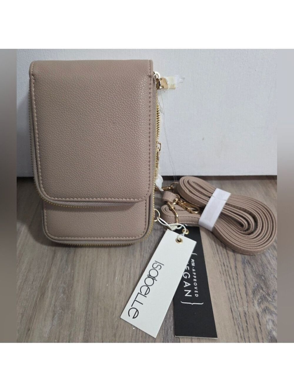 Isabelle Faux Leather Crossbody Phone Bag in Taupe